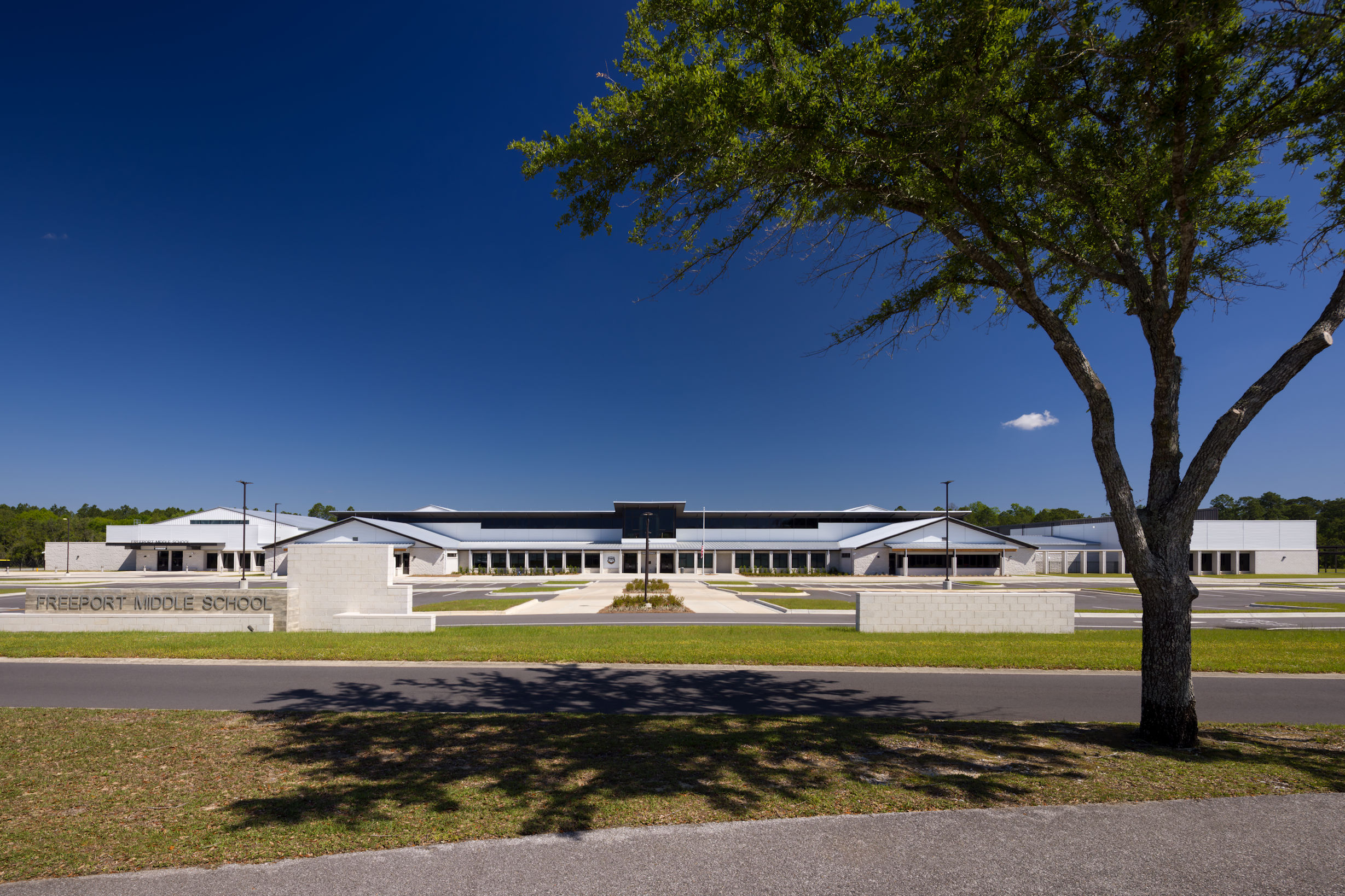 Front of Freeport Middle School where H2Engineering provided MEPF services.